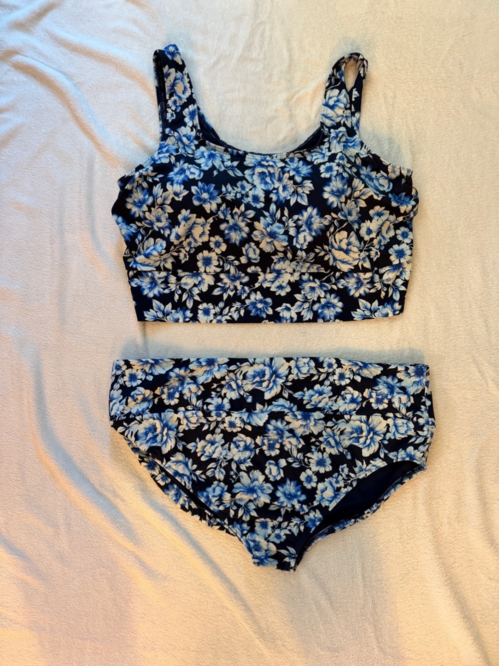 Lands' End Navy Floral Two-Piece Bikini with Light Blue Blooms